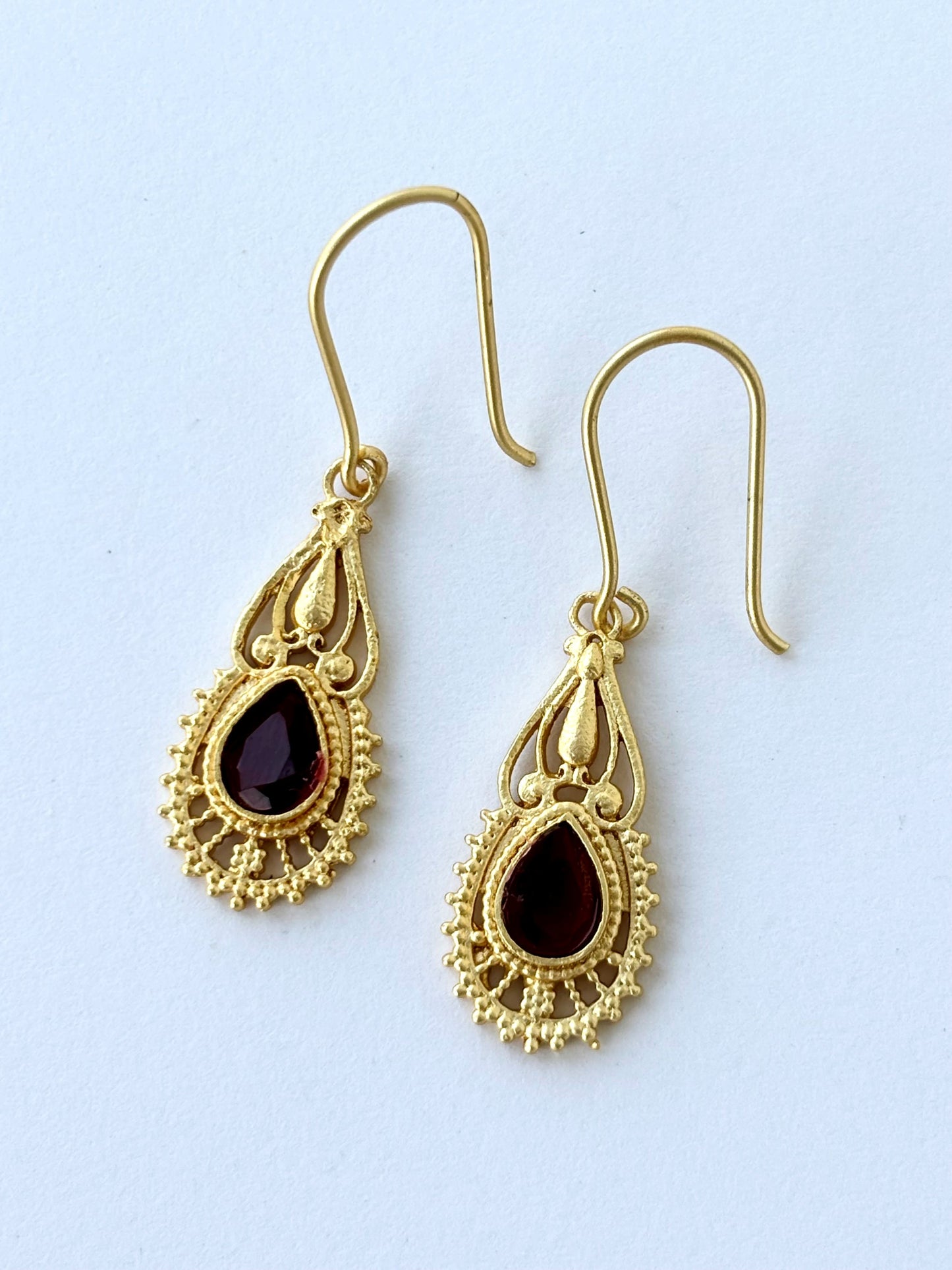 Oxidized Gold and Garnet Teardrop Earrings