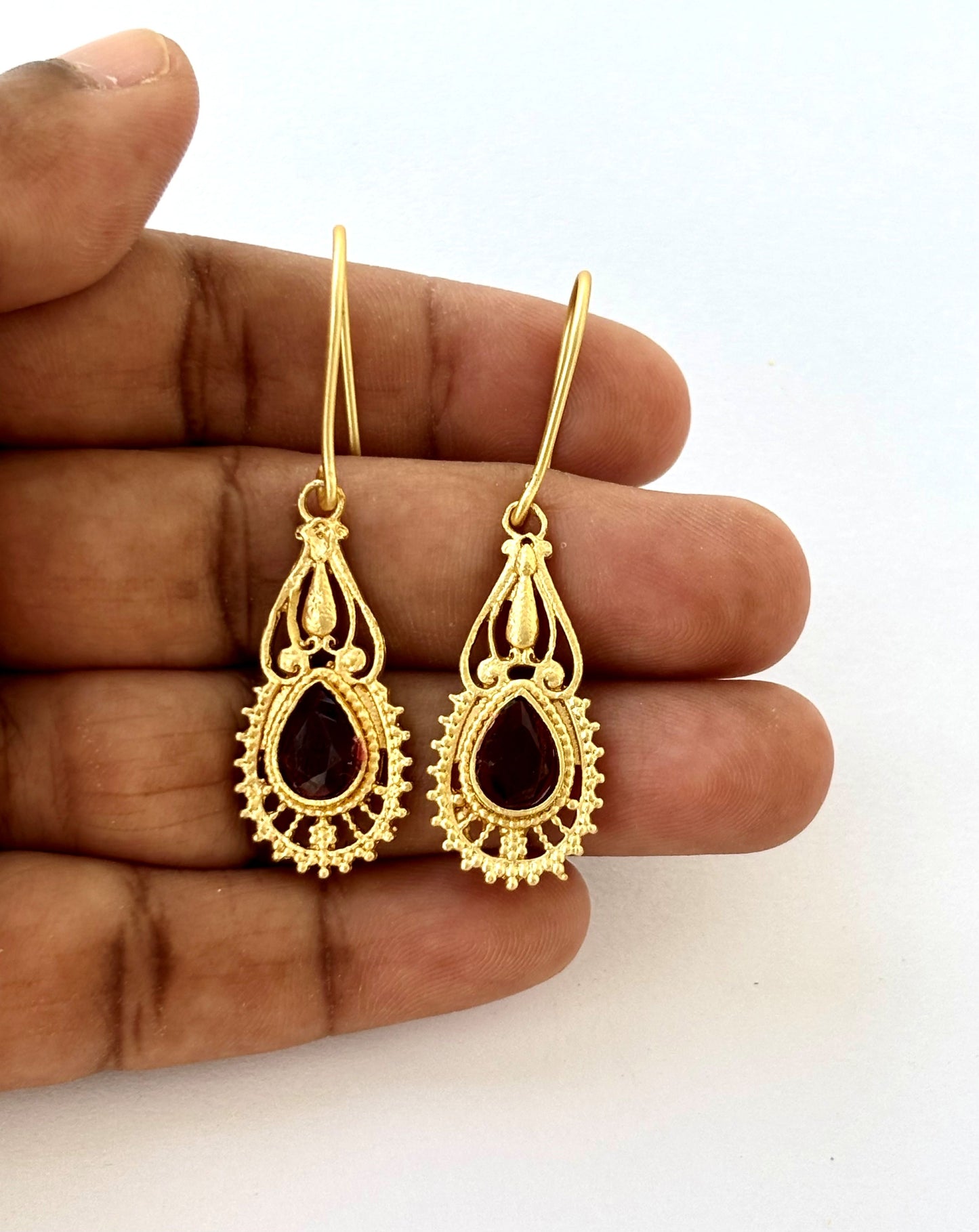 Oxidized Gold and Garnet Teardrop Earrings