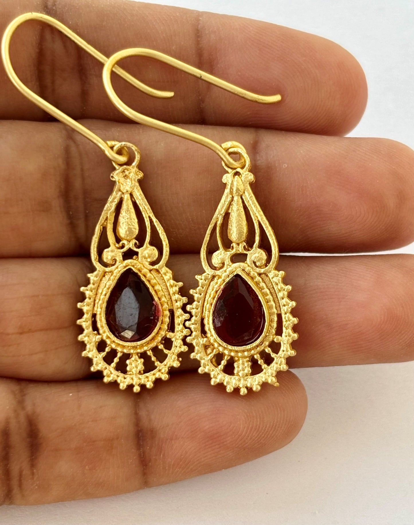 Oxidized Gold and Garnet Teardrop Earrings