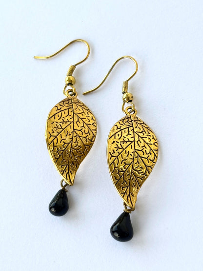 Handmade Gold Leaf and Black Teardrop Earrings