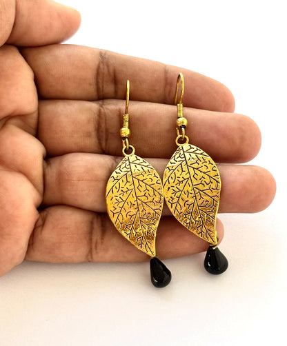 Handmade Gold Leaf and Black Teardrop Earrings