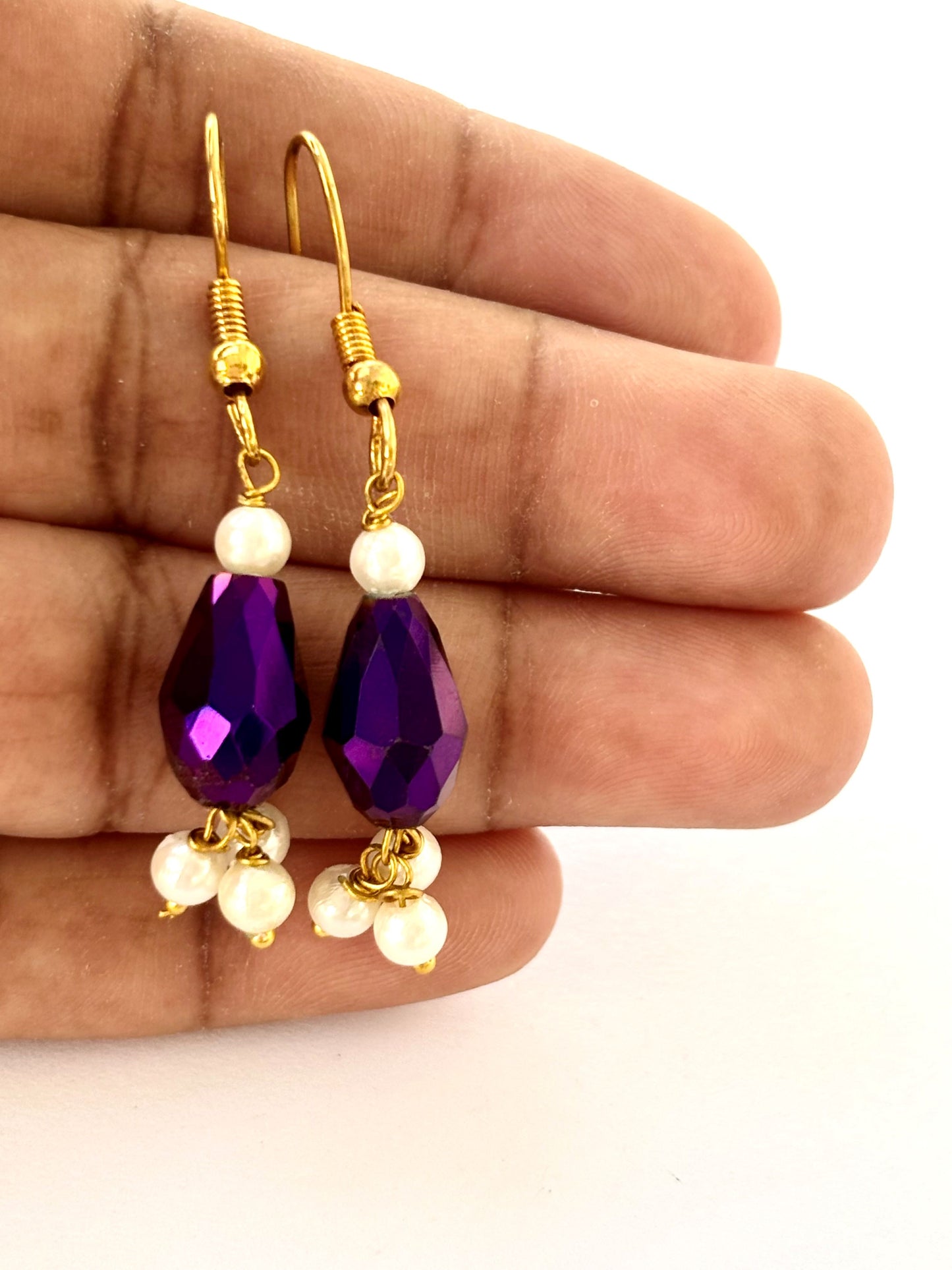 Handmade Purple Crystal and Pearl Drop Earrings