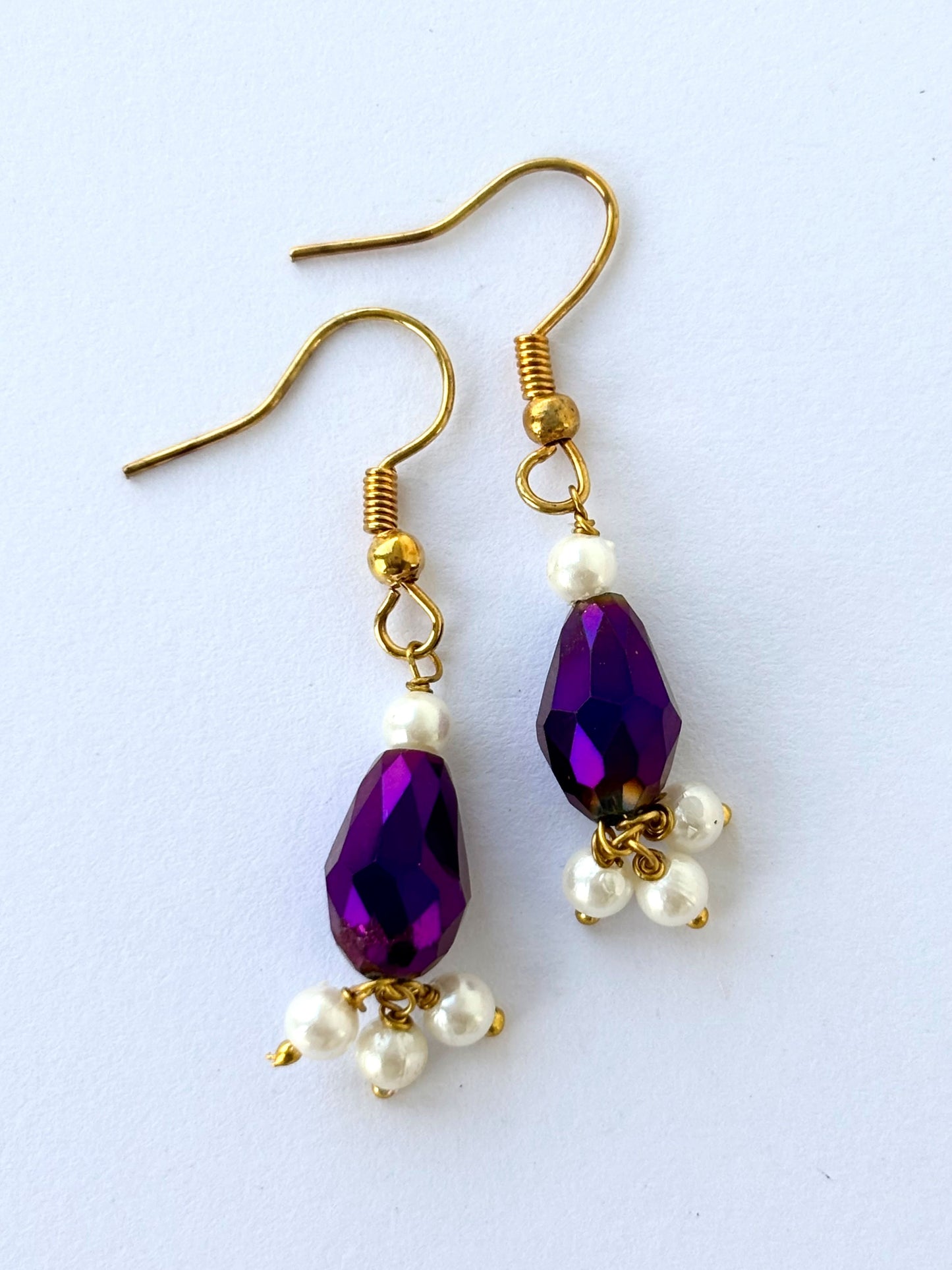 Handmade Purple Crystal and Pearl Drop Earrings
