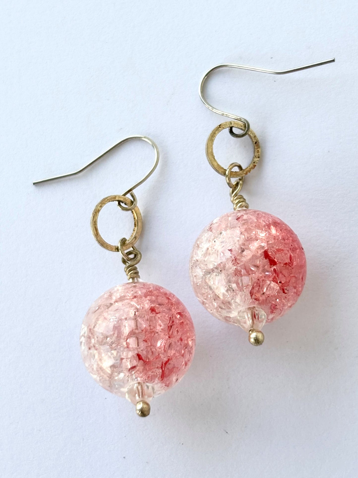 Handmade Pink Crackle Glass Ball Earrings