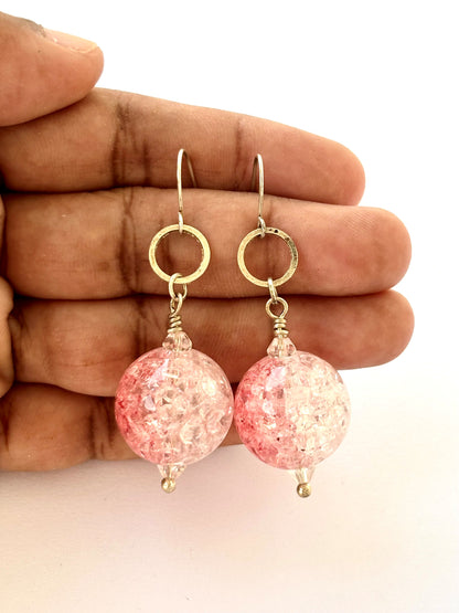 Handmade Pink Crackle Glass Ball Earrings