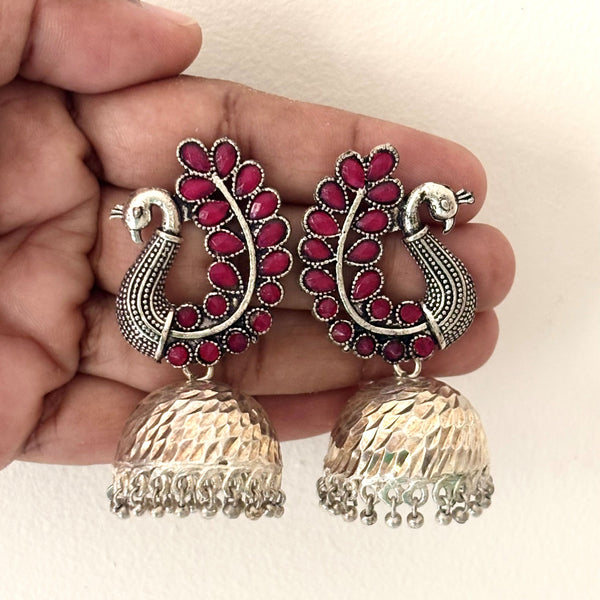 Oxidized Peacock Jhumka Earrings with Ruby Stones