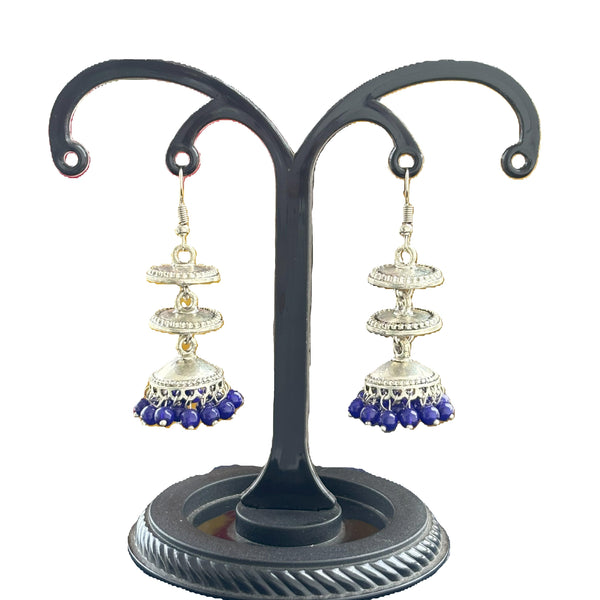 Tiered Oxidized Silver Jhumka Earrings with Blue Beads
