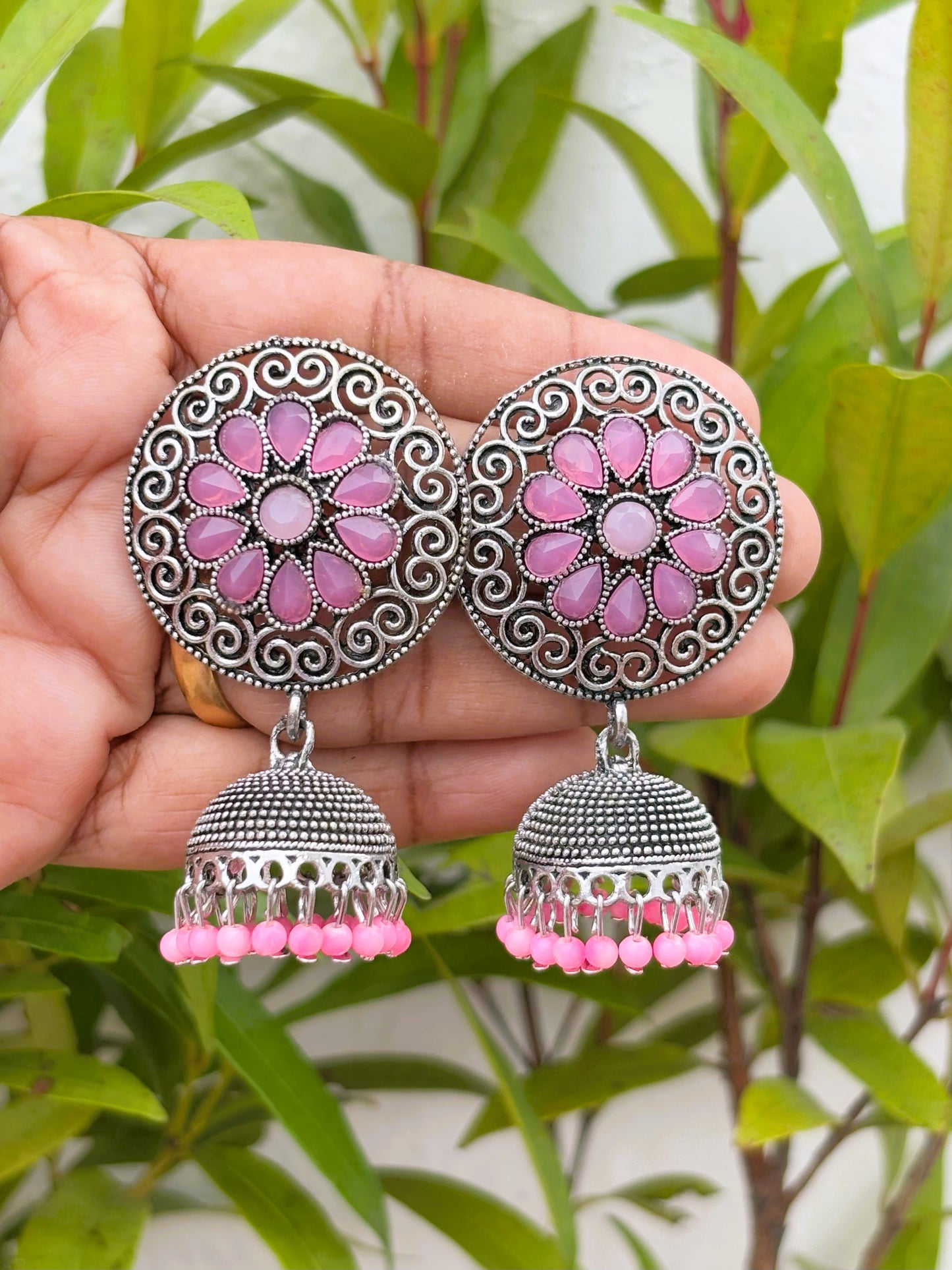 Floral Oxidized Jhumka with Pink Stones