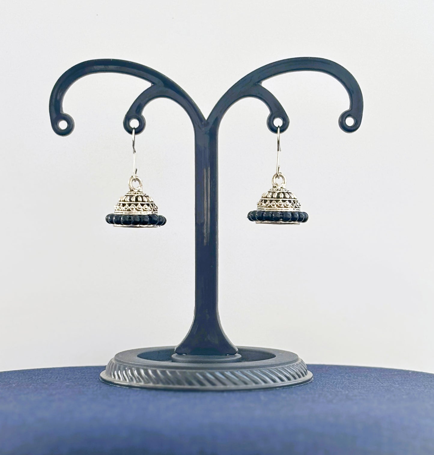 Mini Oxidized Silver Jhumka with Black Beads