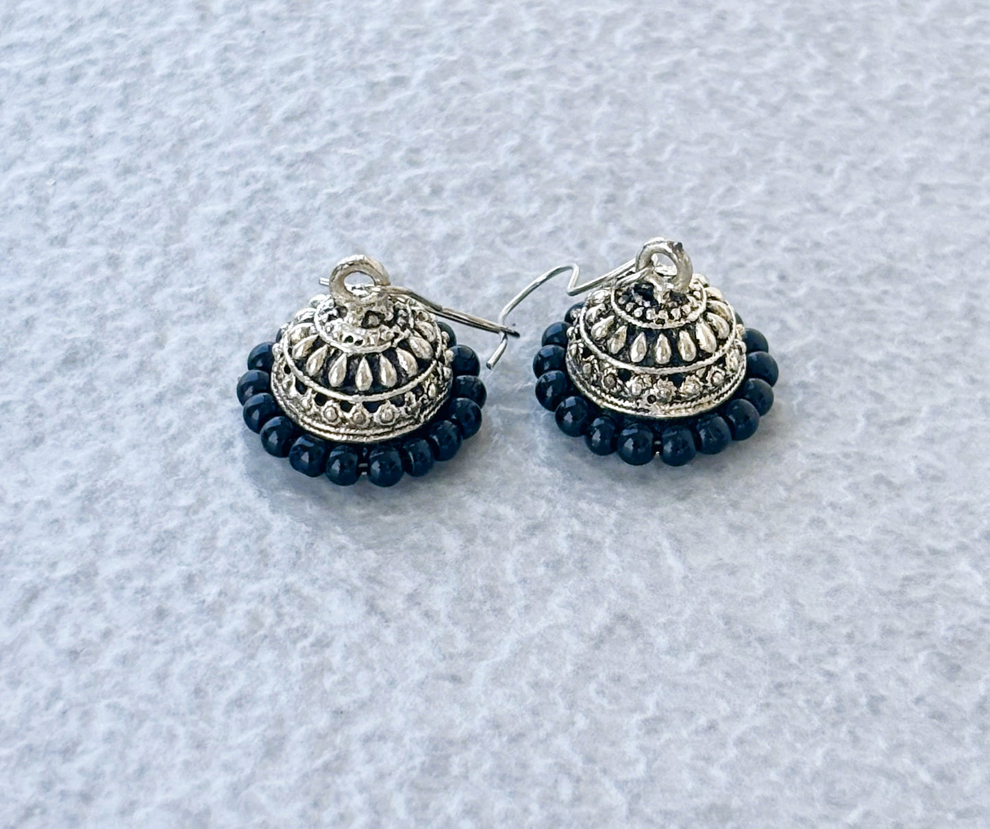 Mini Oxidized Silver Jhumka with Black Beads