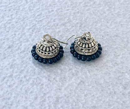 Mini Oxidized Silver Jhumka with Black Beads