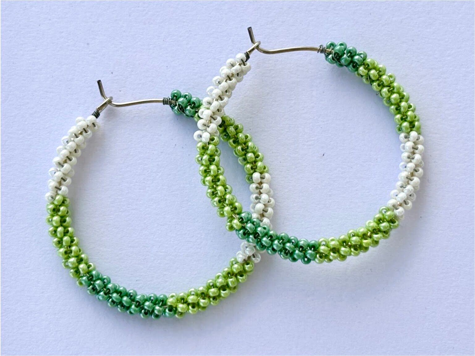 Handmade Green and White Seed Bead Hoops