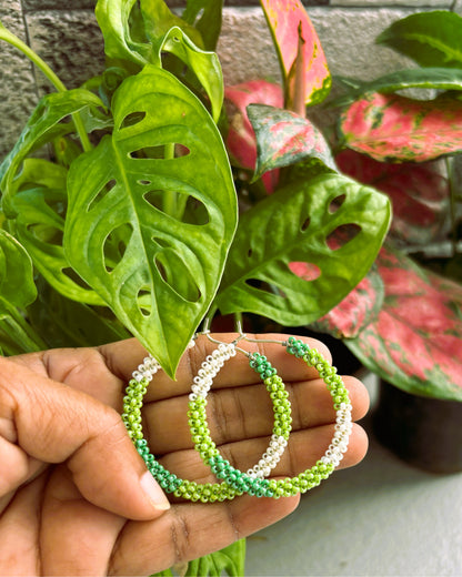 Handmade Green and White Seed Bead Hoops