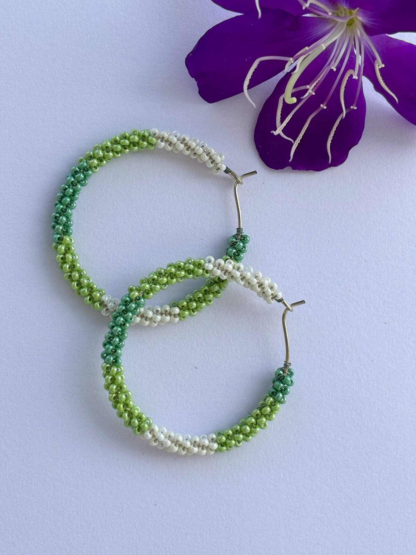 Handmade Green and White Seed Bead Hoops