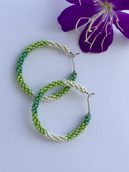 Handmade Green and White Seed Bead Hoops