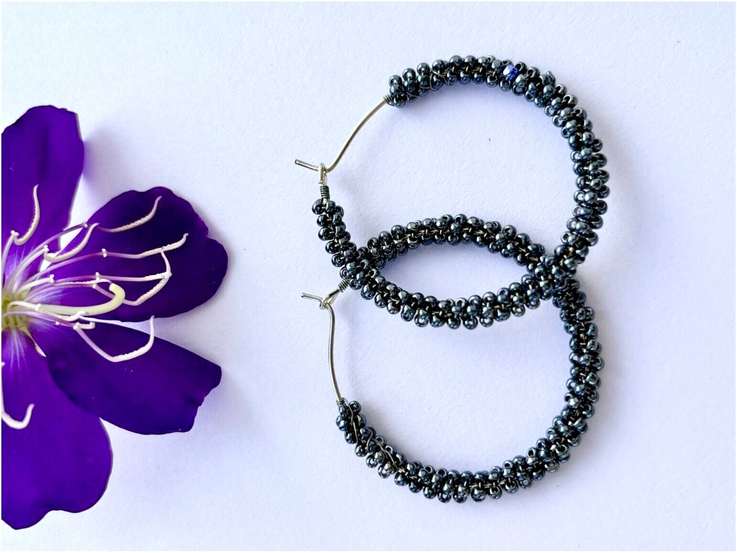 Handmade Dark Gray Seed Bead Hoops