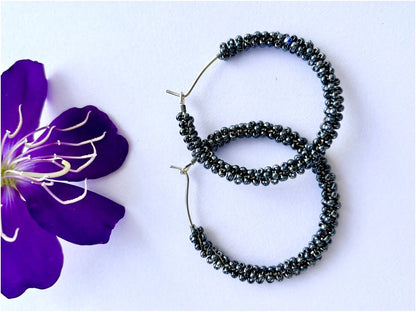 Handmade Dark Gray Seed Bead Hoops