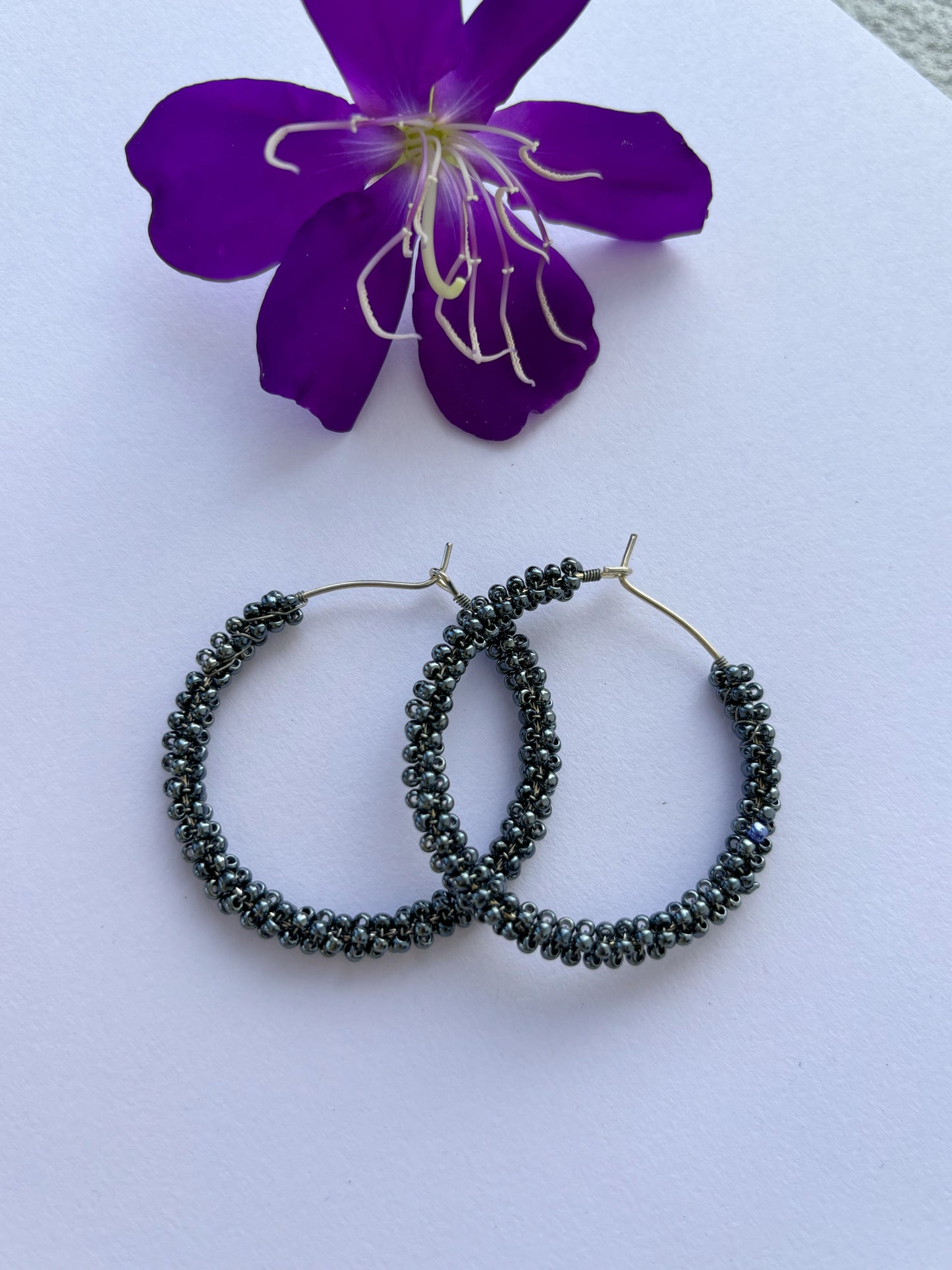 Handmade Dark Gray Seed Bead Hoops