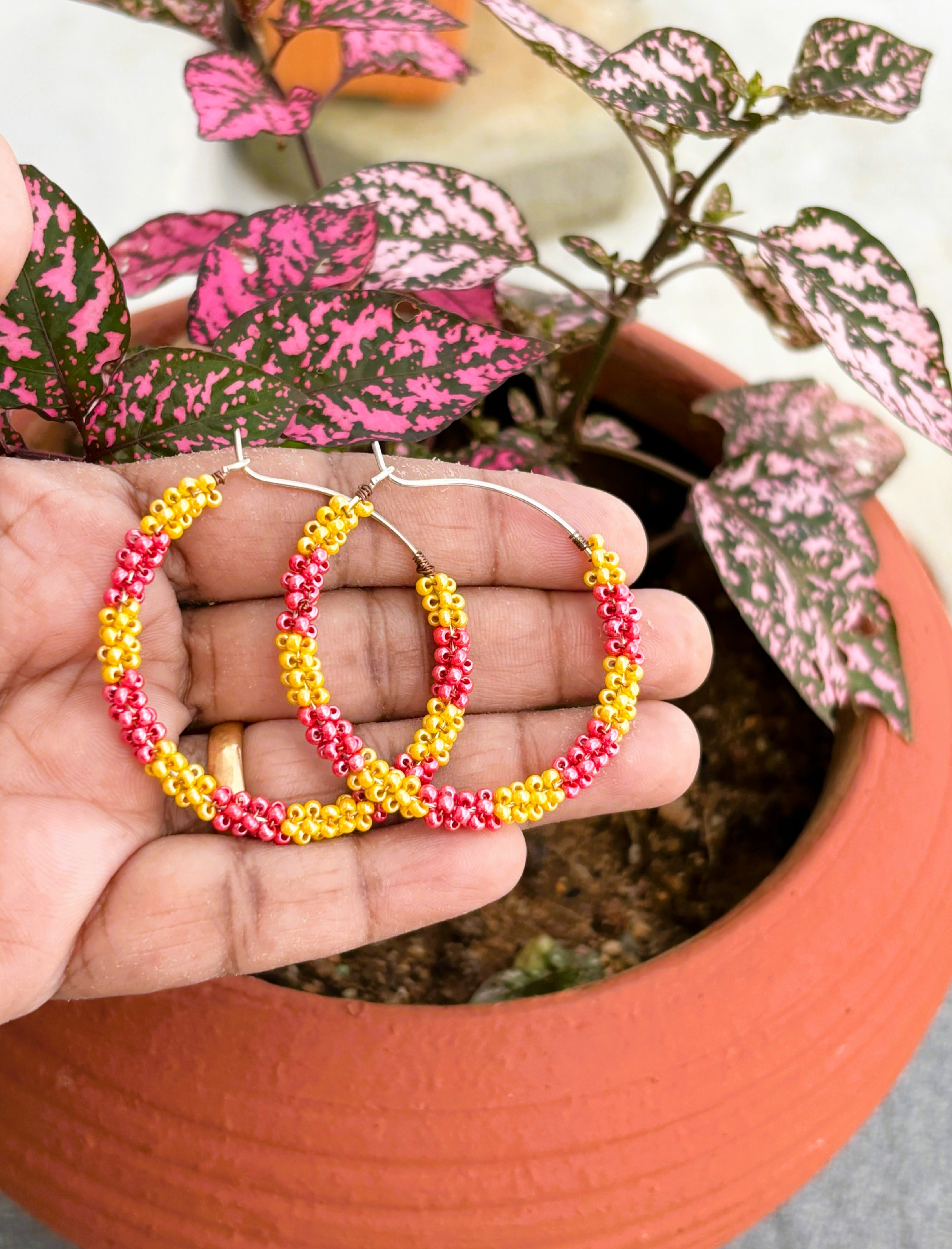 Handmade Mustard Yellow and Red Seed Bead Hoops