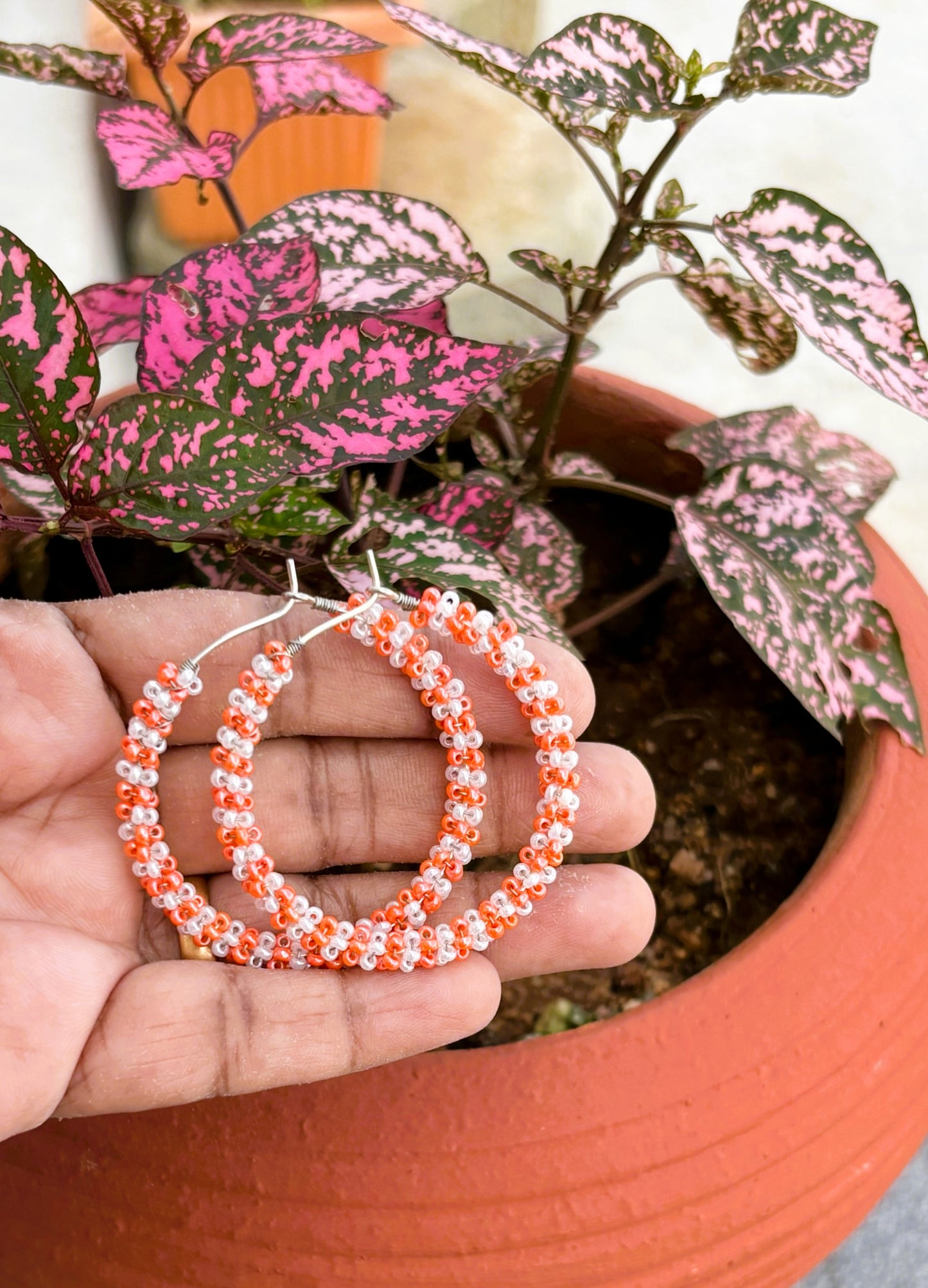 Handmade Orange and White Seed Bead Hoops