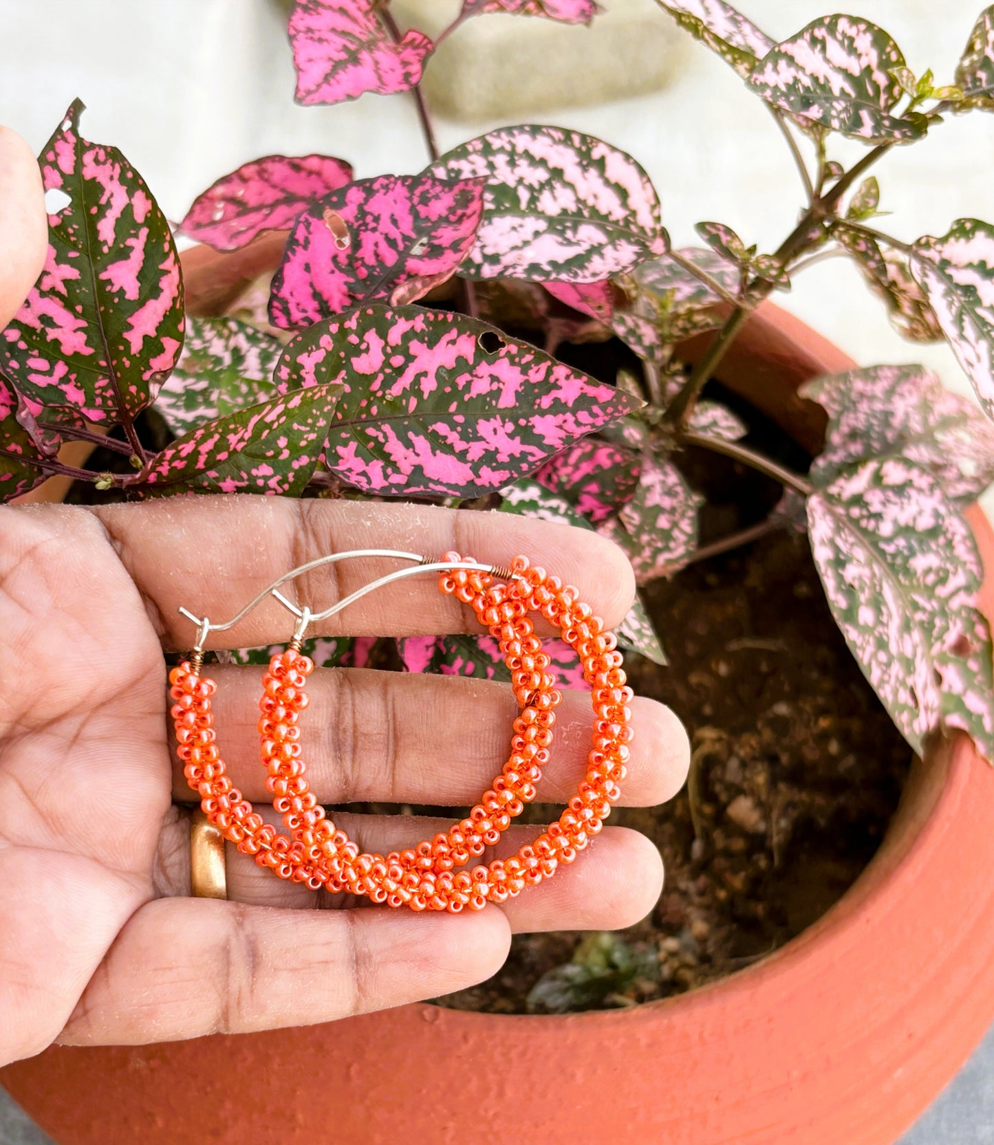 Handmade Orange Seed Bead Hoops