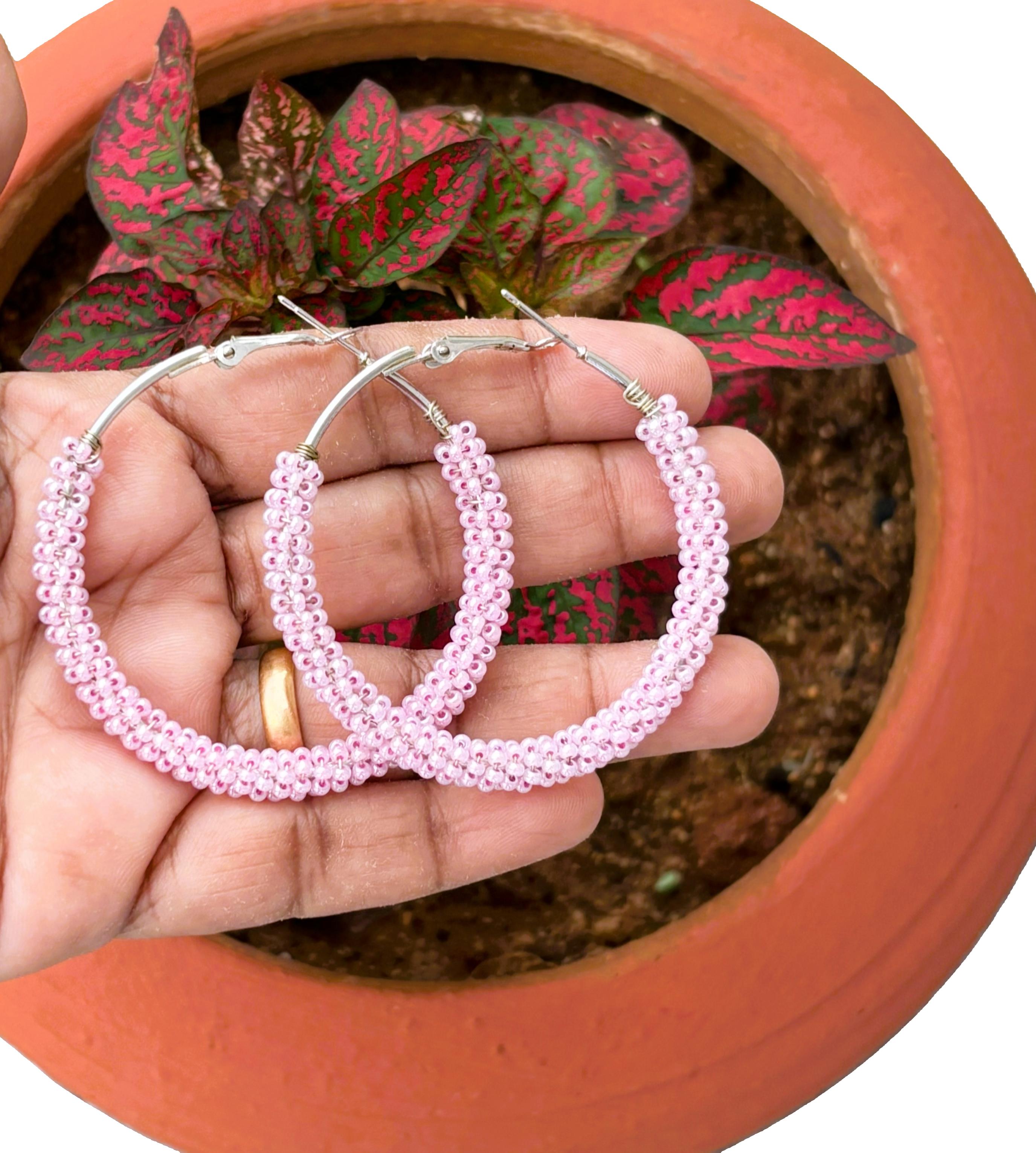 Handmade Light Pink Seed Bead Hoops
