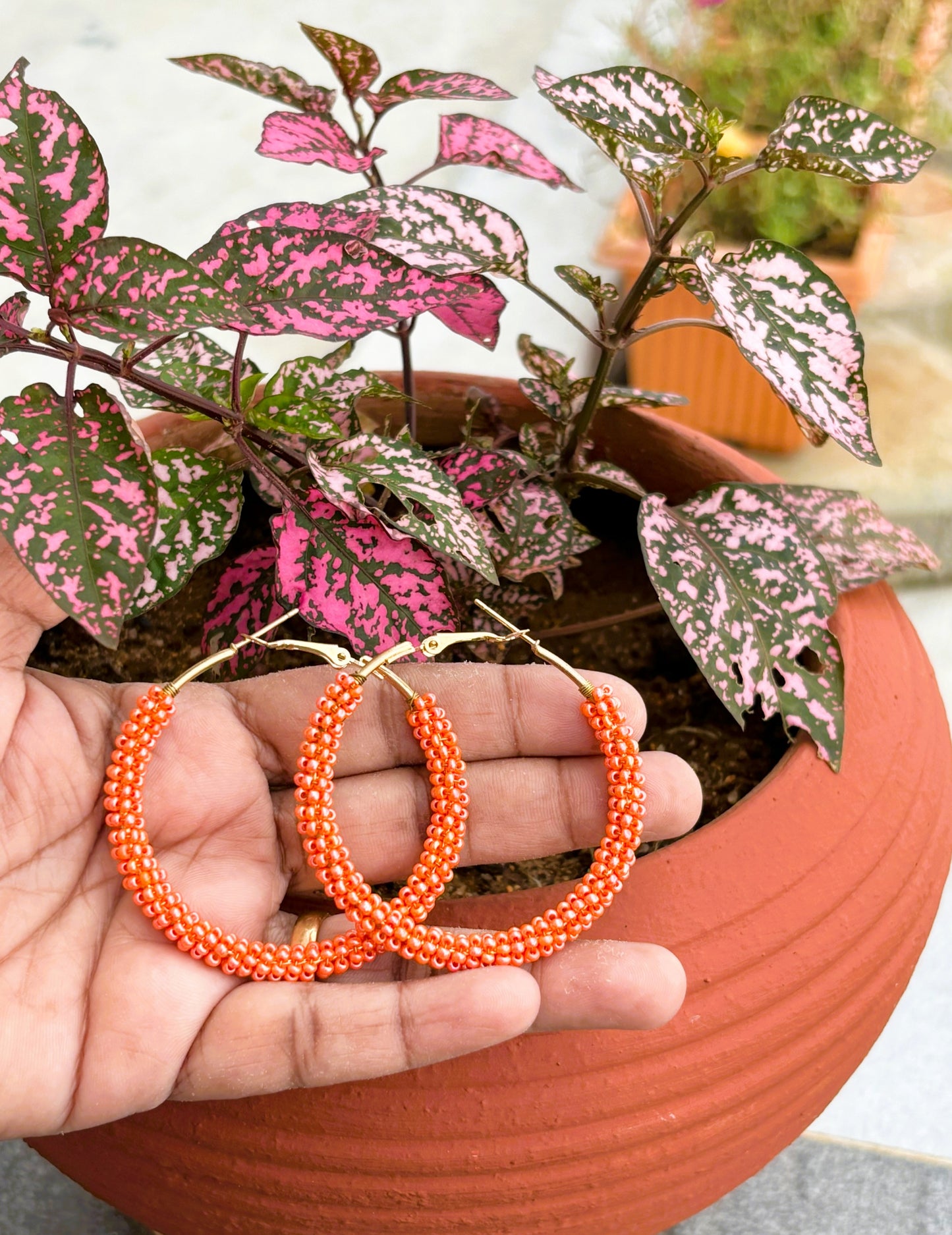 Handmade Flame Orange Seed Bead Hoops