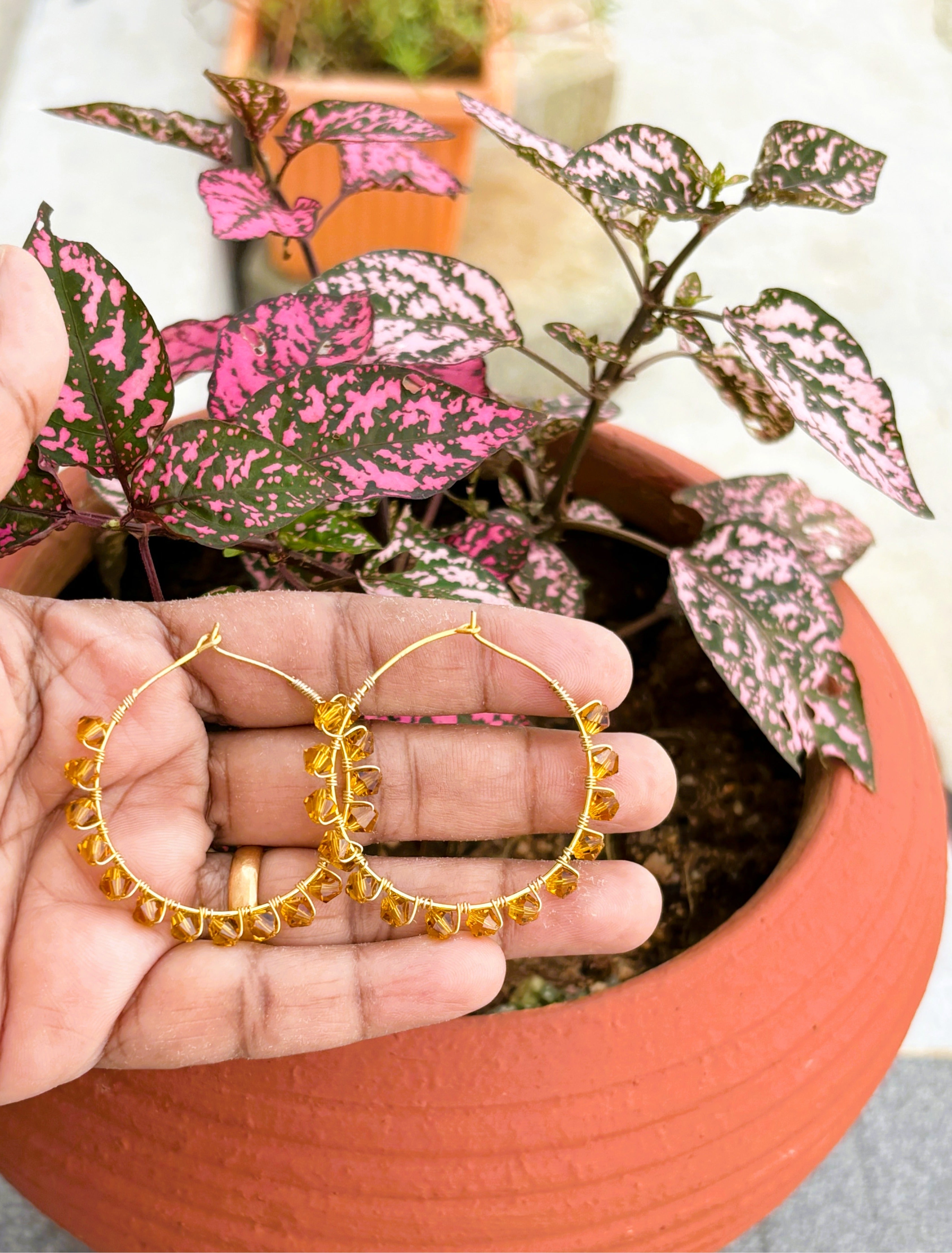 Handmade Wire-Wrapped Amber Bicone Bead Hoops