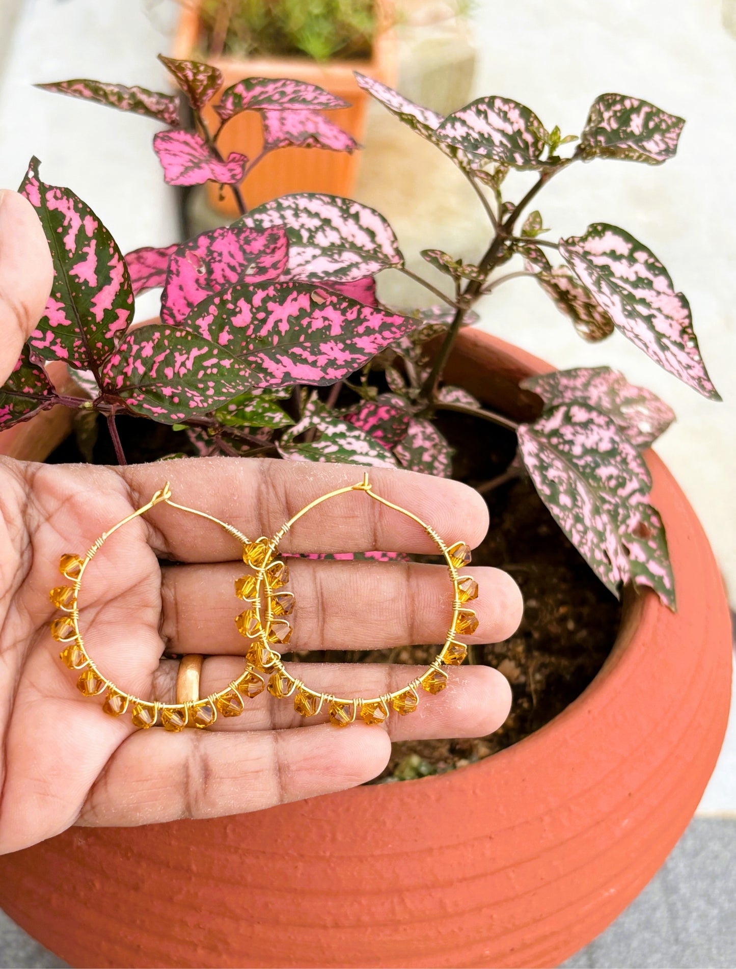 Handmade Wire-Wrapped Amber Bicone Bead Hoops