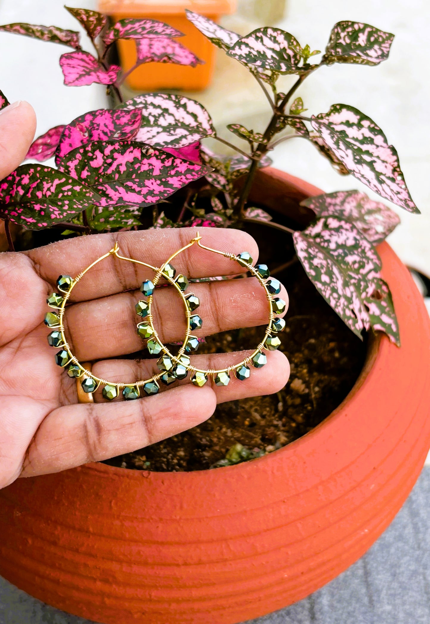 Handmade Iridescent Green Bicone Bead Hoops
