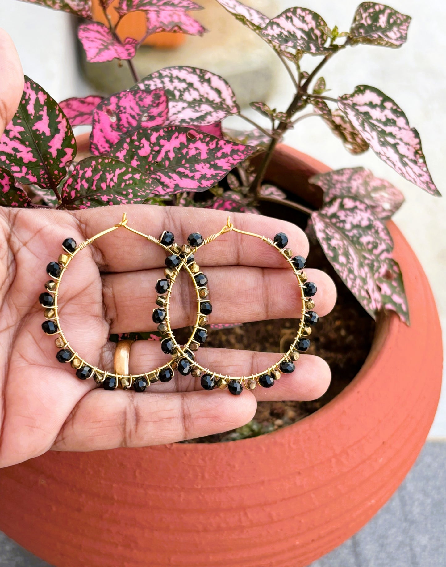 Handmade Black and Gold Bicone Bead Hoops