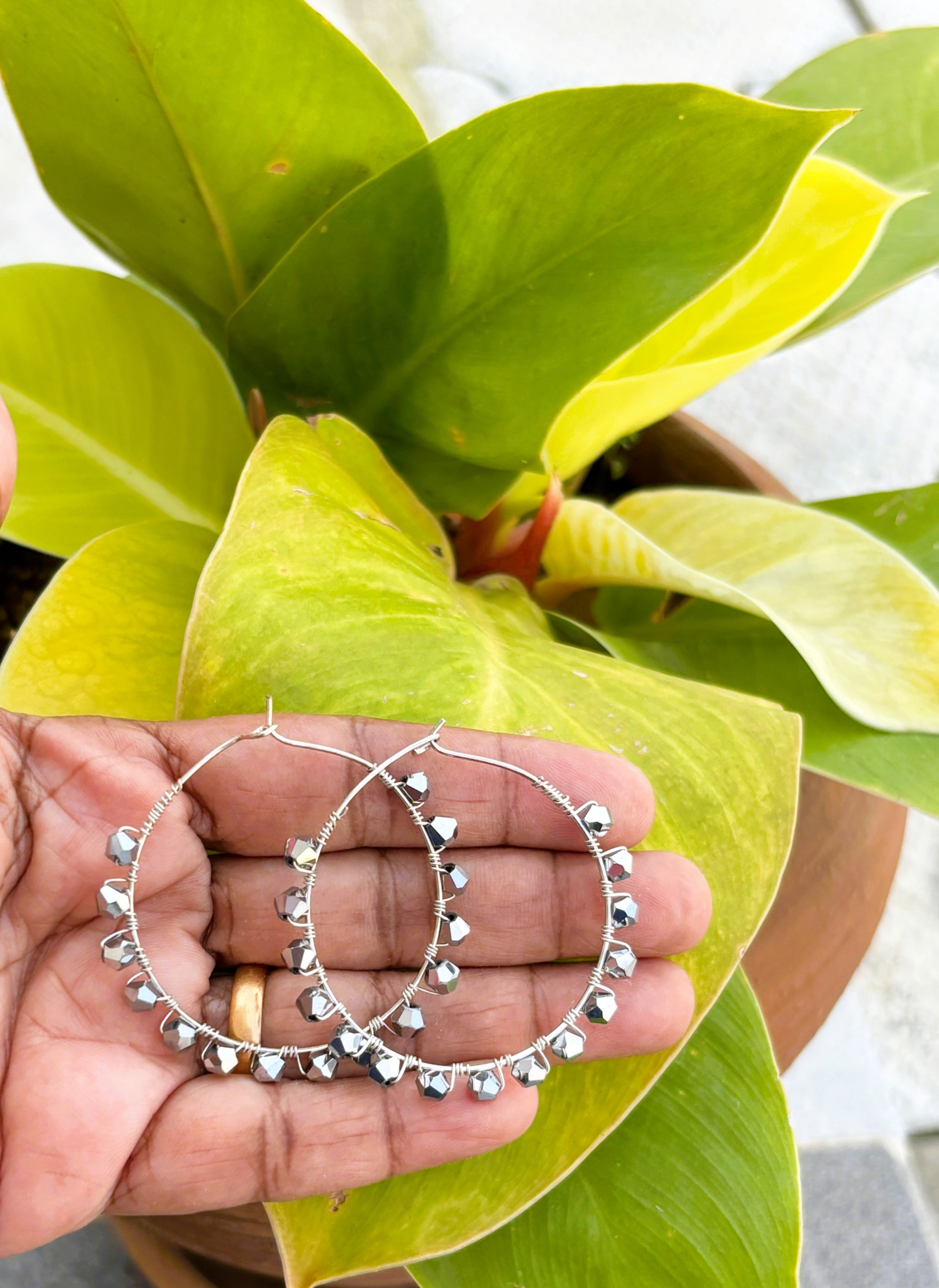 Handmade Metallic Silver Bicone Bead Hoops