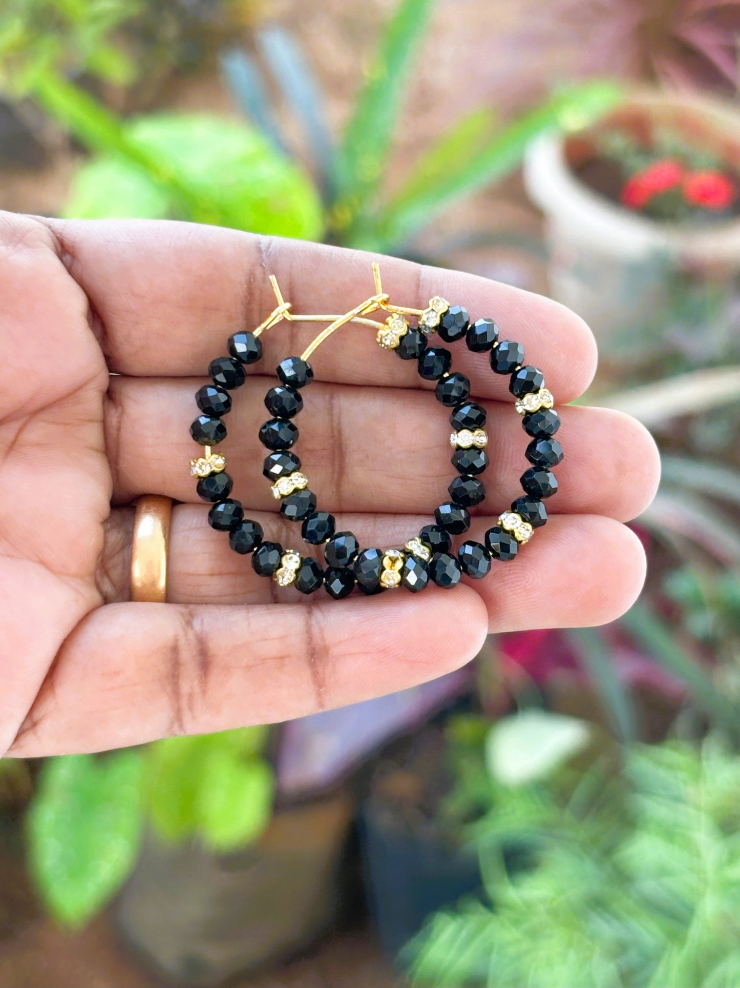Handmade Black and Rhinestone Bead Hoops