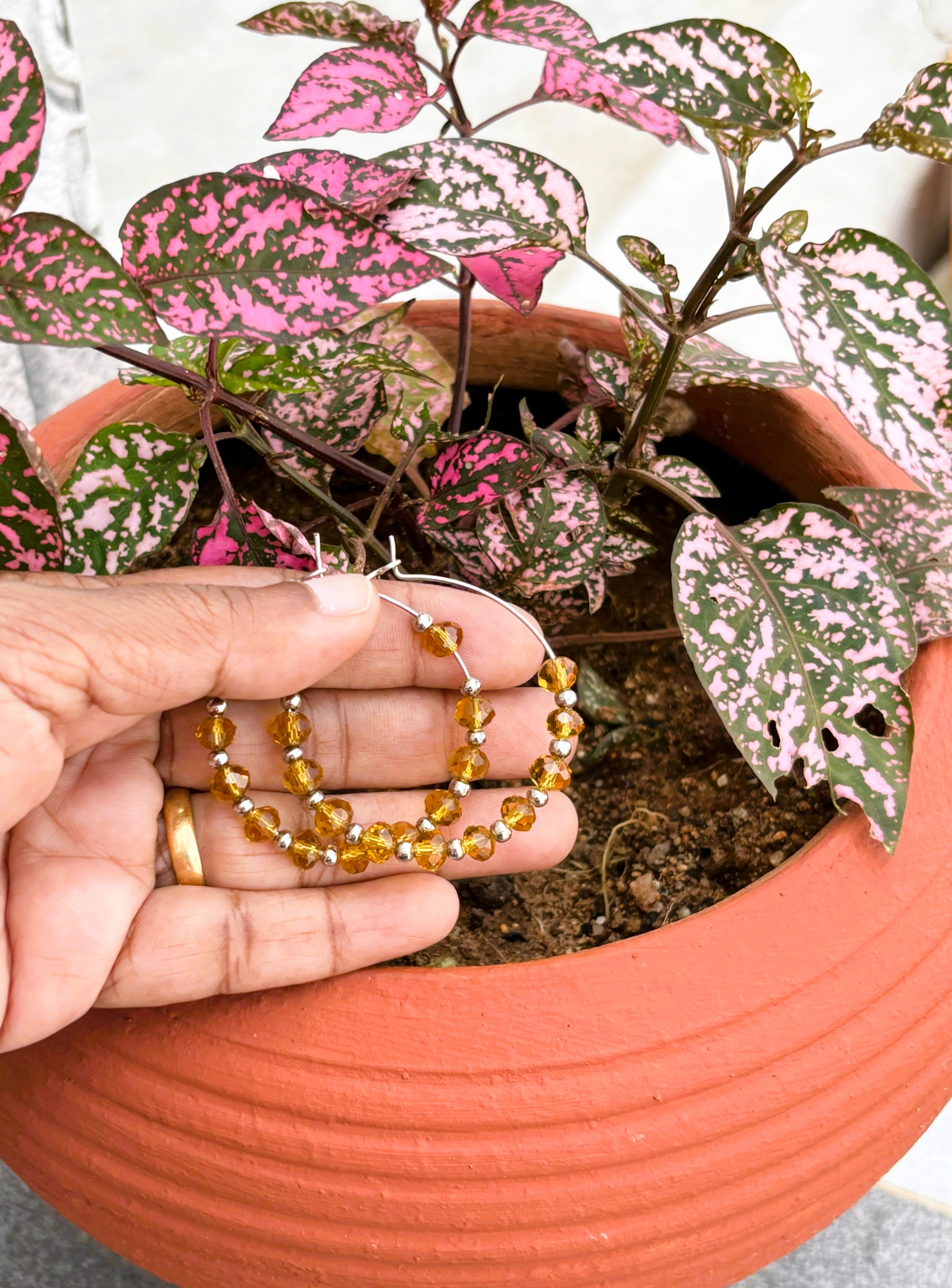 Handmade Amber and Silver Rondel Bead Hoops