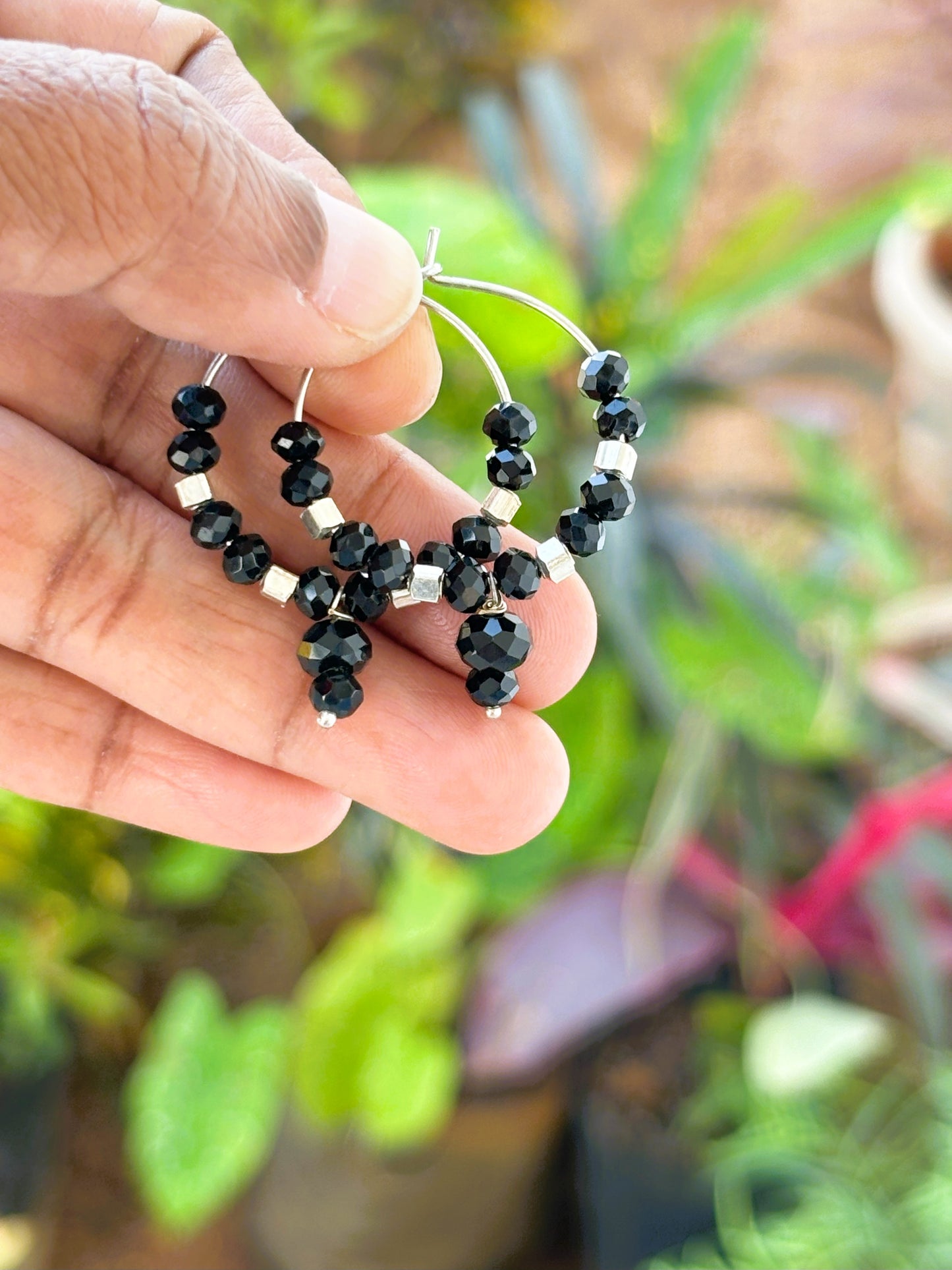 Black Bead Hoops with Silver Dangles