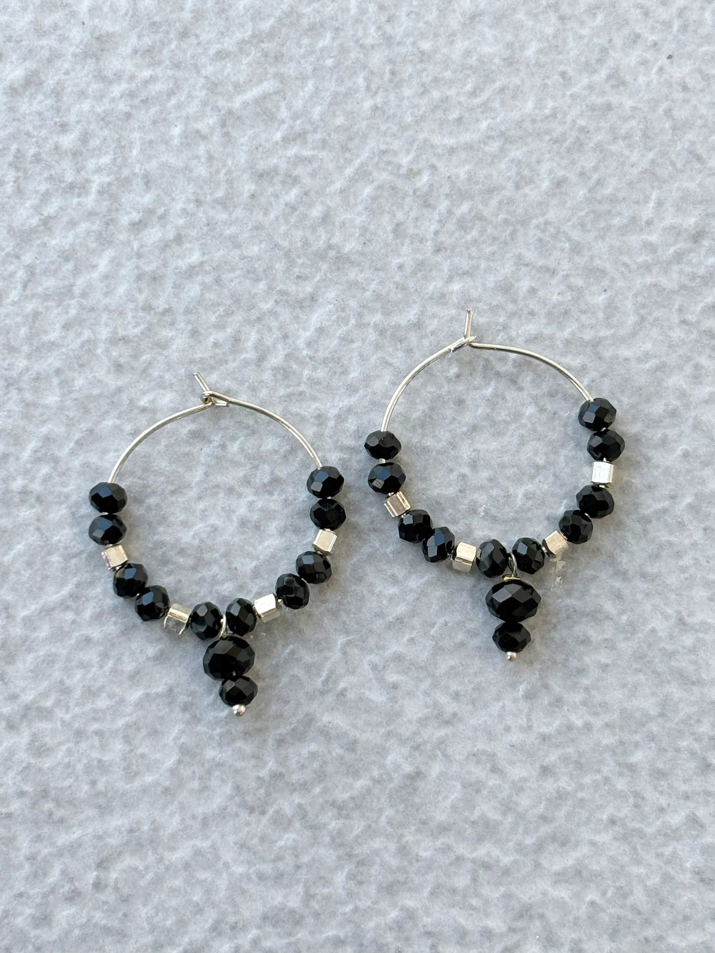 Black Bead Hoops with Silver Dangles