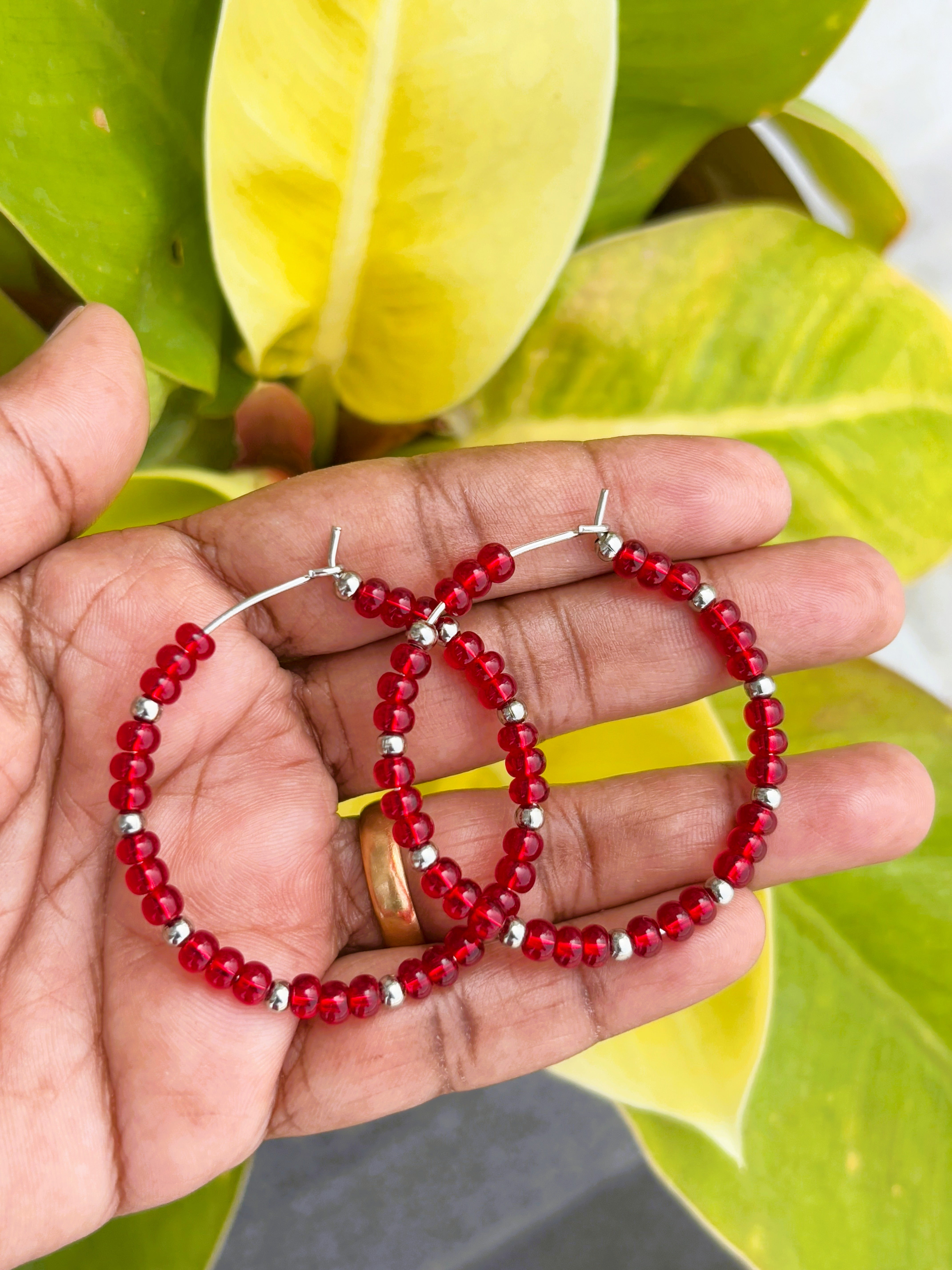 Handmade Red and Silver Beaded Hoops