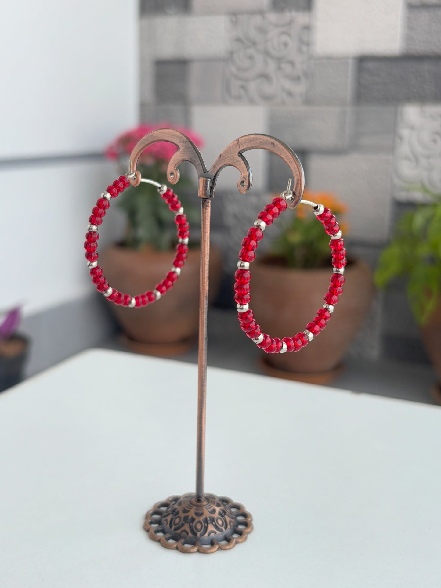 Handmade Red and Silver Beaded Hoops