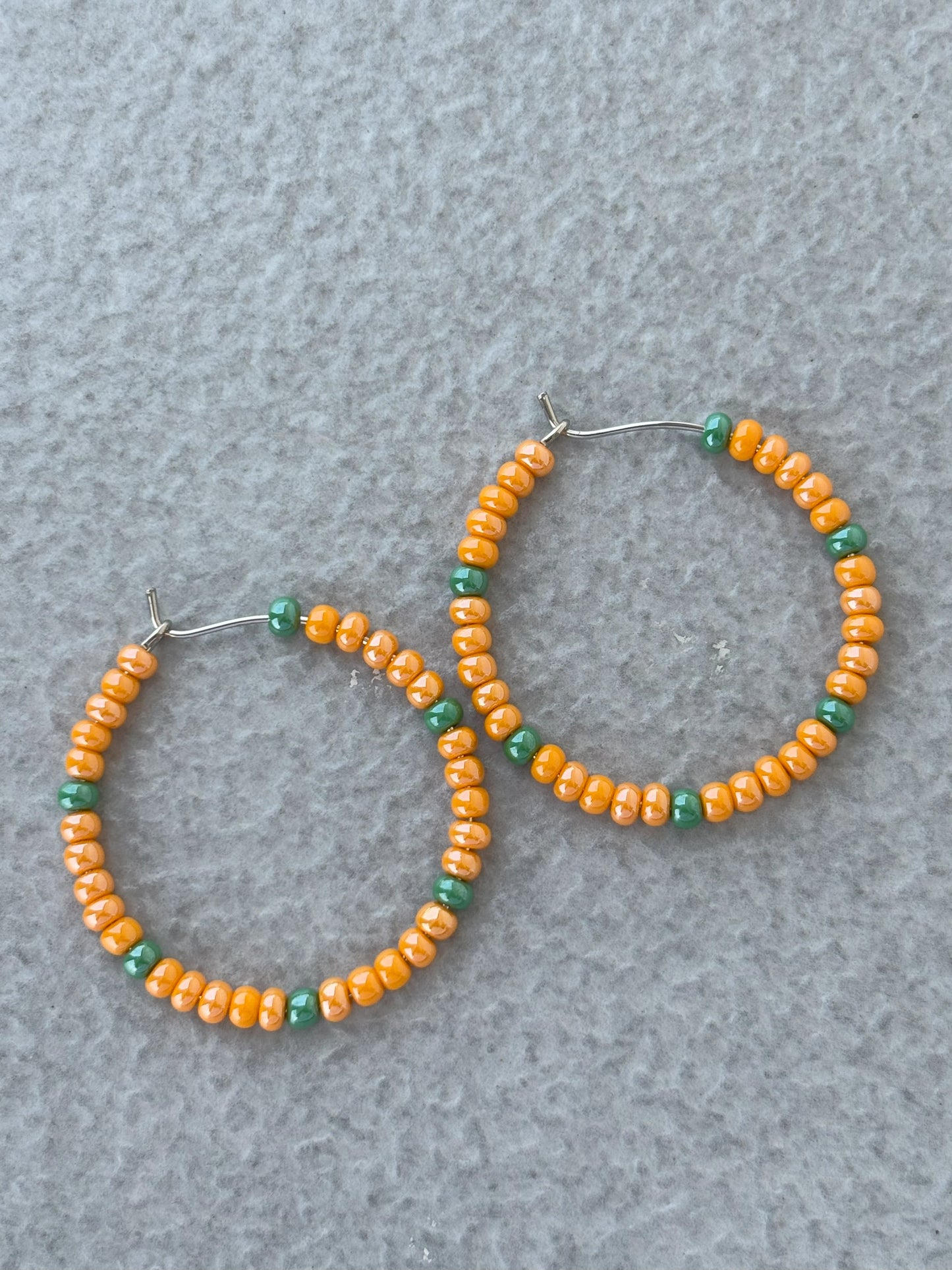 Handmade Orange and Green Seed Bead Hoops