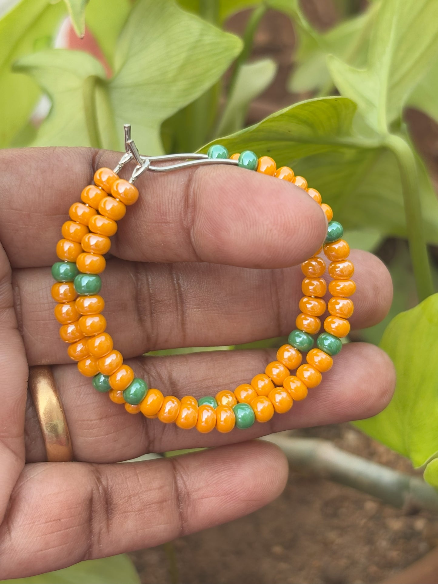 Handmade Orange and Green Seed Bead Hoops