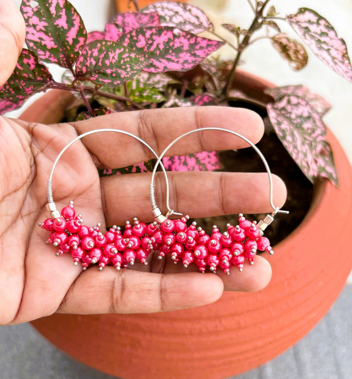 Handmade Fuschia Beaded Cluster Hoops