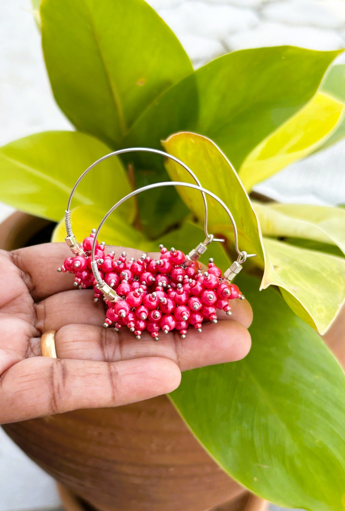 Handmade Fuschia Beaded Cluster Hoops