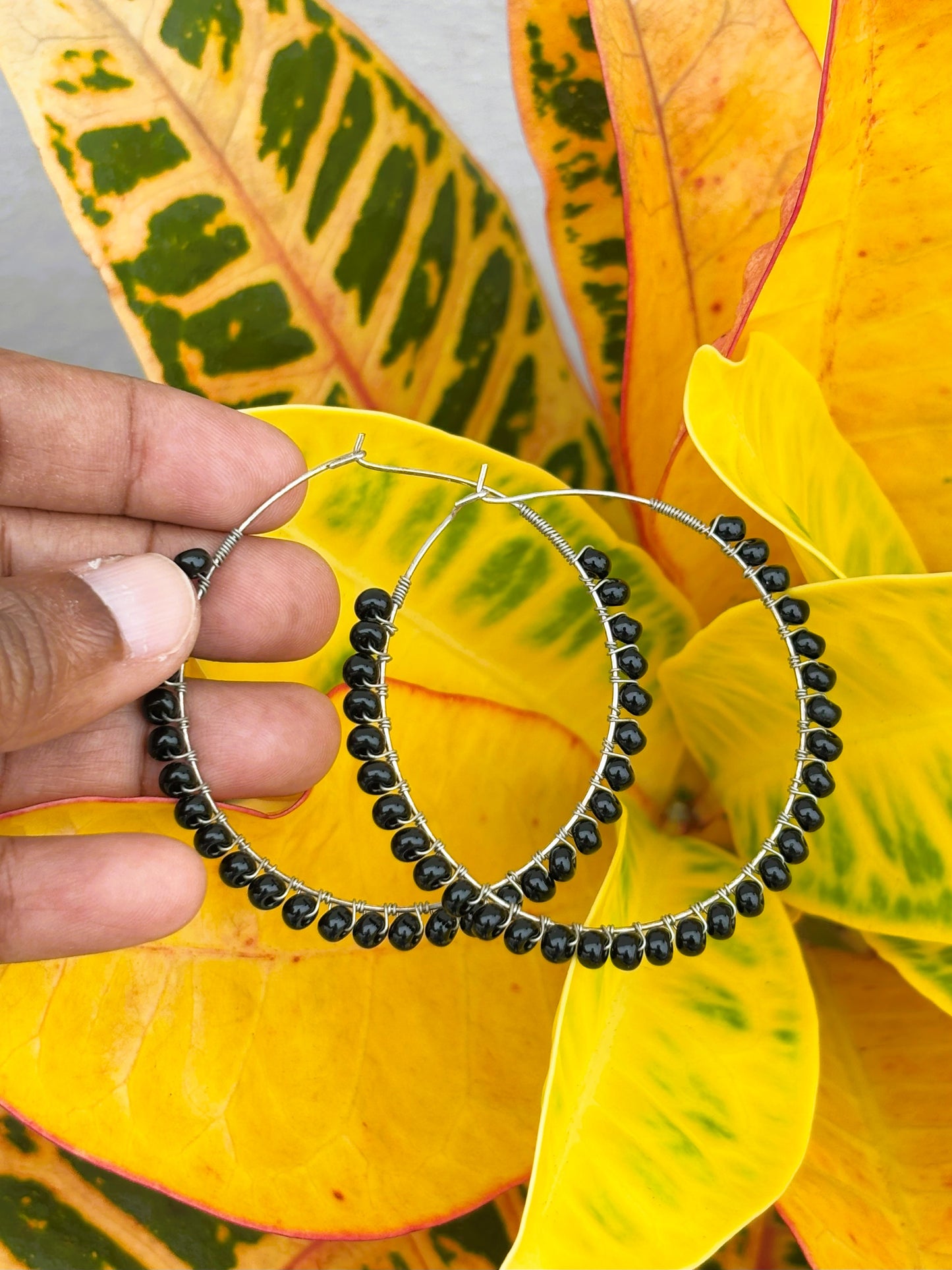 Large Silver Base Black Beaded Hoops
