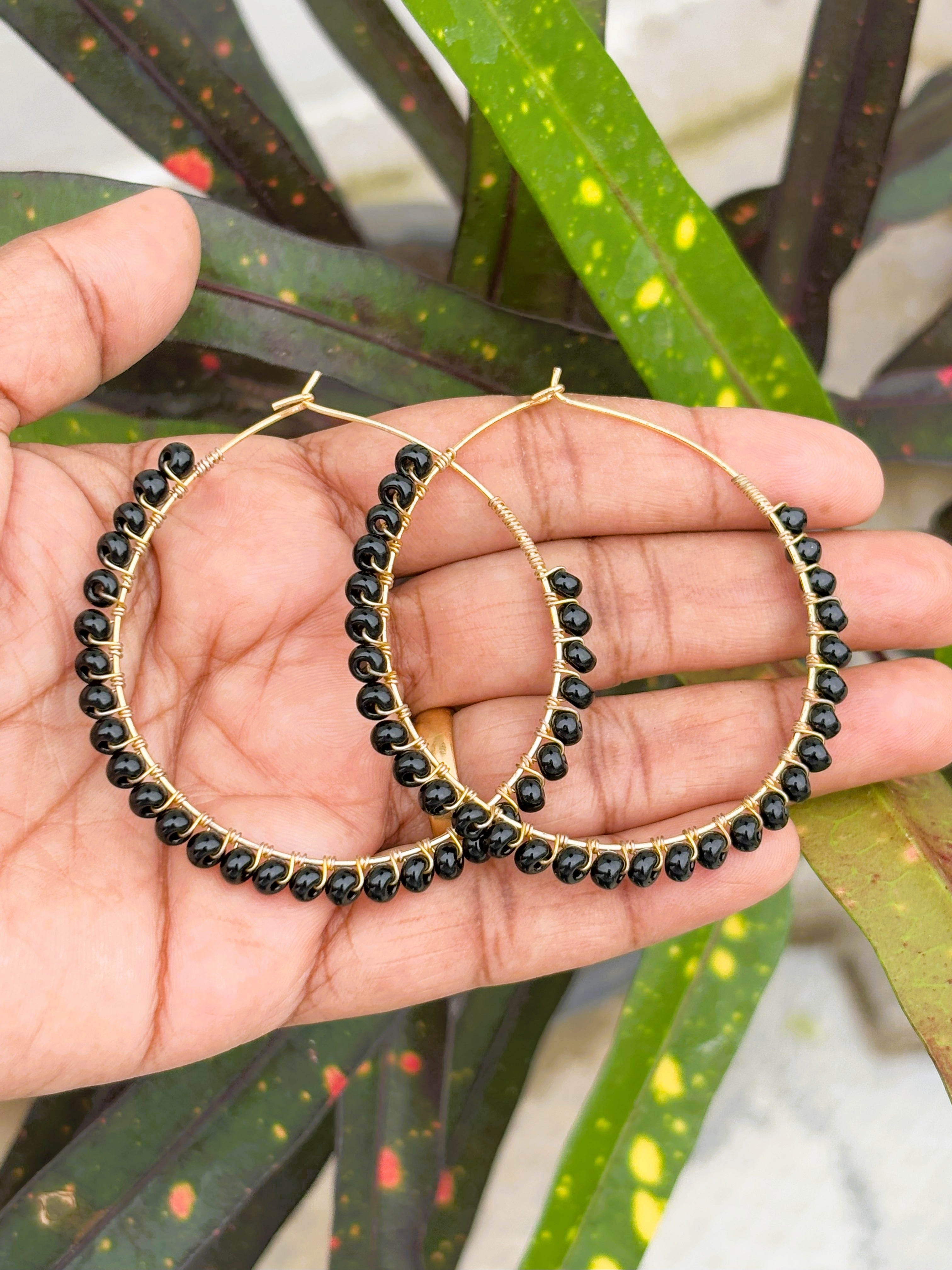Large Gold Base Black Beaded Hoops