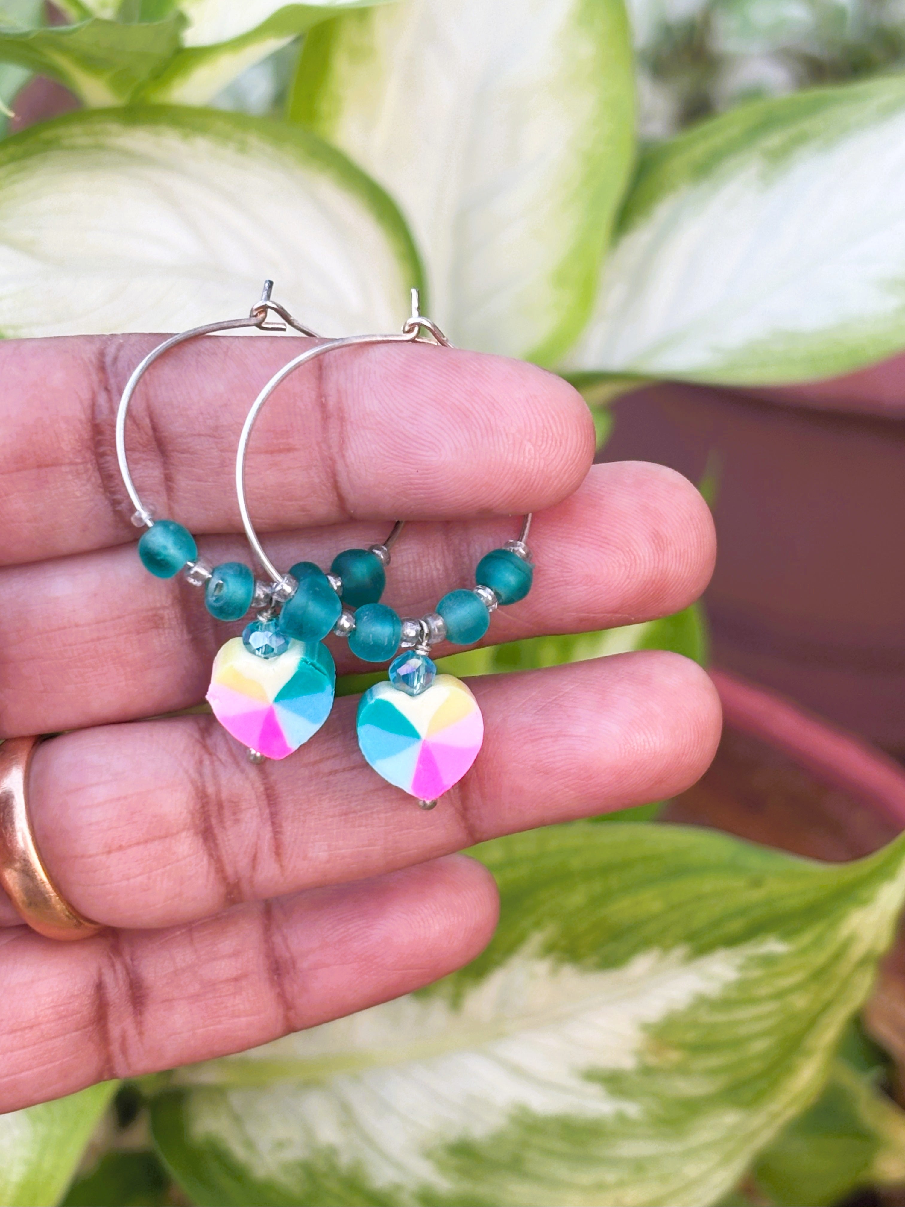 Sea Glass Hoops with Pastel Heart Dangles