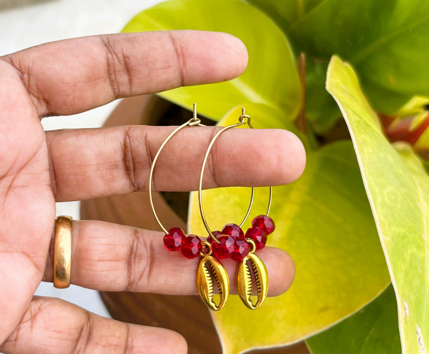 Red and Gold Hoops with Cowrie Shell Charms