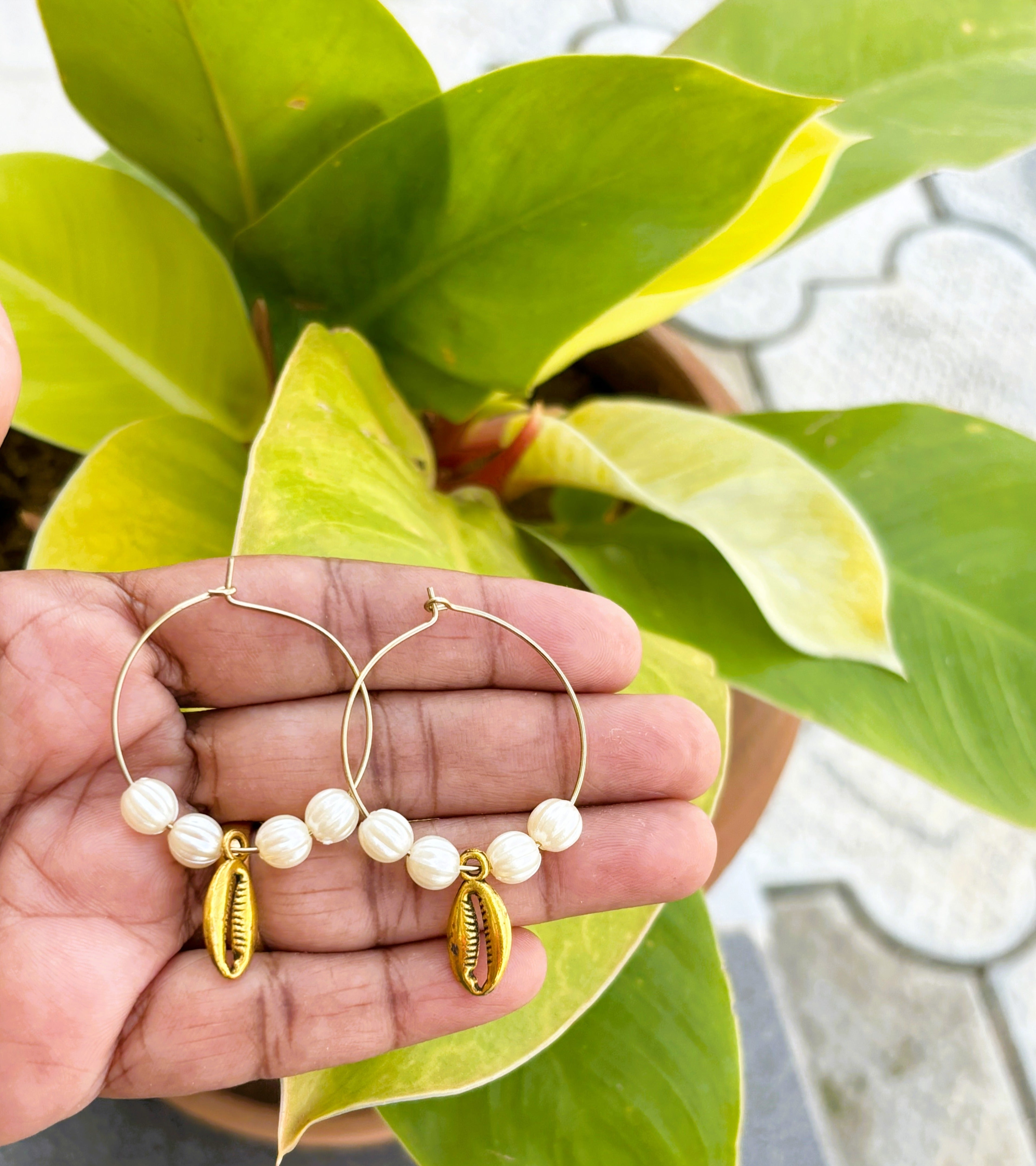 Gold Hoops with Pearl Beads and Cowrie Shell Charms
