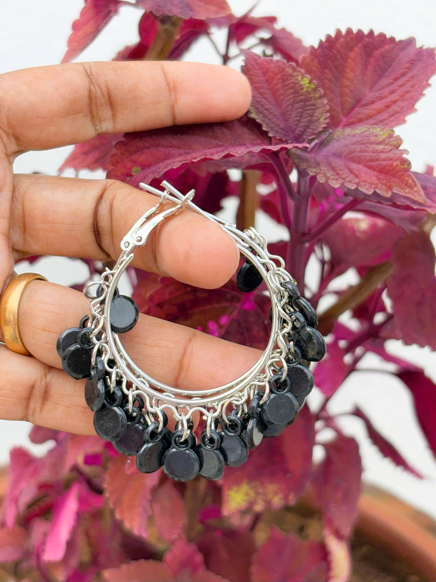 Black Disc Fringe Hoops with Silver Base
