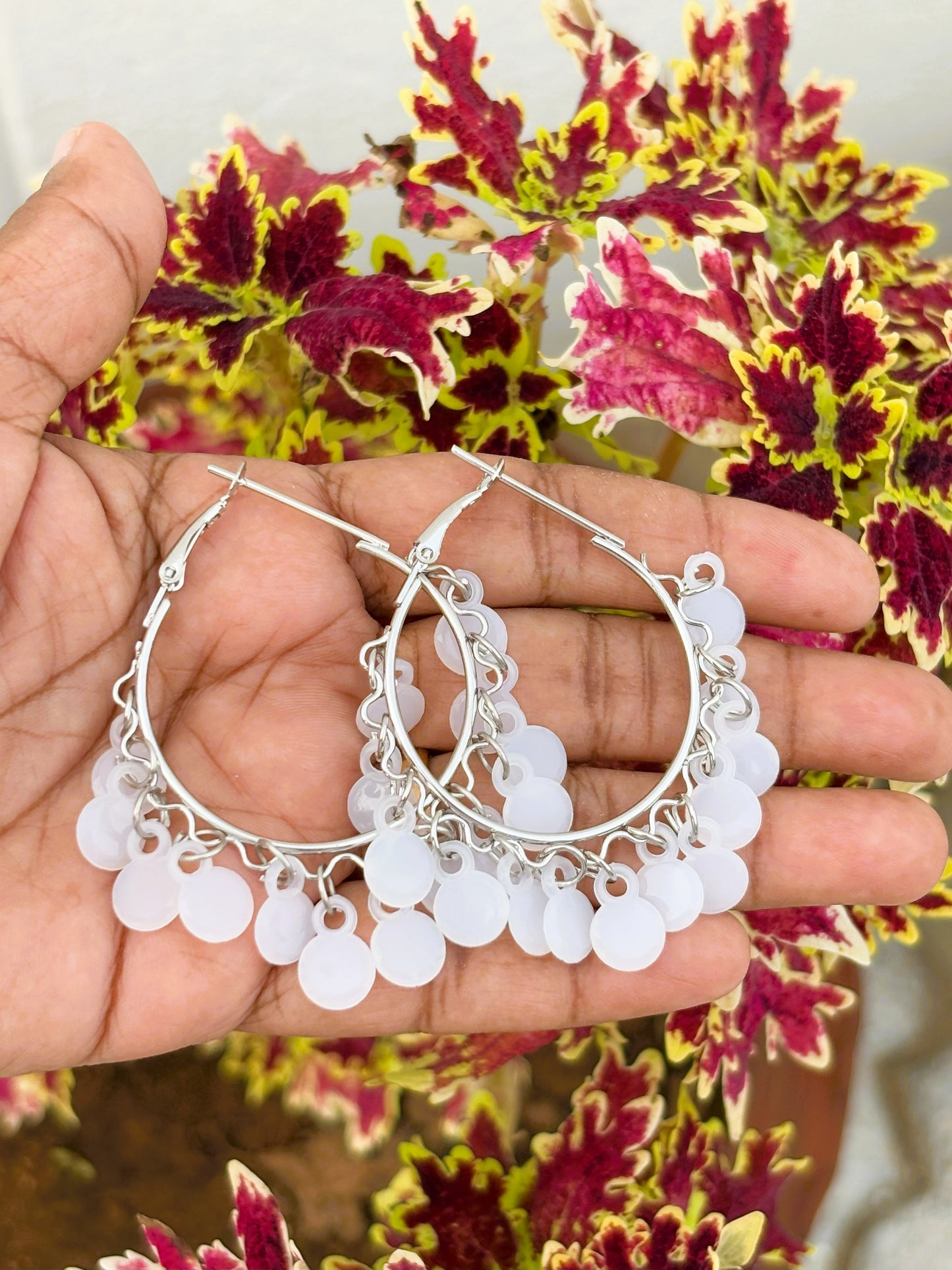 White Disc Fringe Hoops with Silver Base