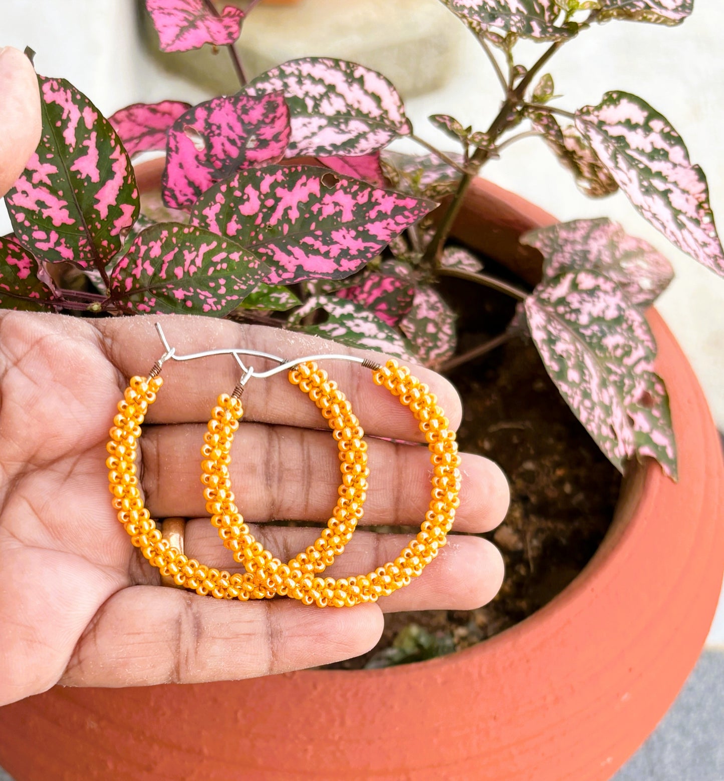 Handmade Light Orange Seed Bead Hoops